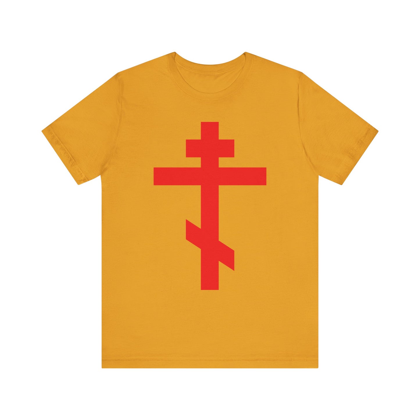 Mustard unisex t-shirt featuring a bold red Orthodox Cross and "Preserve Thy People By Thy Cross, O Lord," from the Bright Red Orthodox Cross collection. Lightweight cotton, inspired by the Troparion of the Cross.