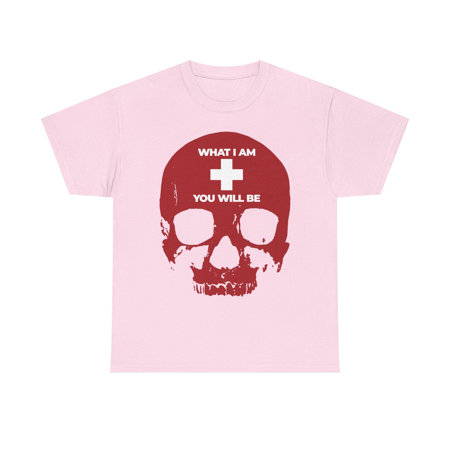 Light pink "What I Am You Will Be White Cross on Red Skull" midweight unisex cotton tee, featuring a red skull graphic, white cross, and the phrase "WHAT I AM YOU WILL BE"—a memento mori inspired by Orthodox Christian tradition and Ecclesiastes 12:8-14.