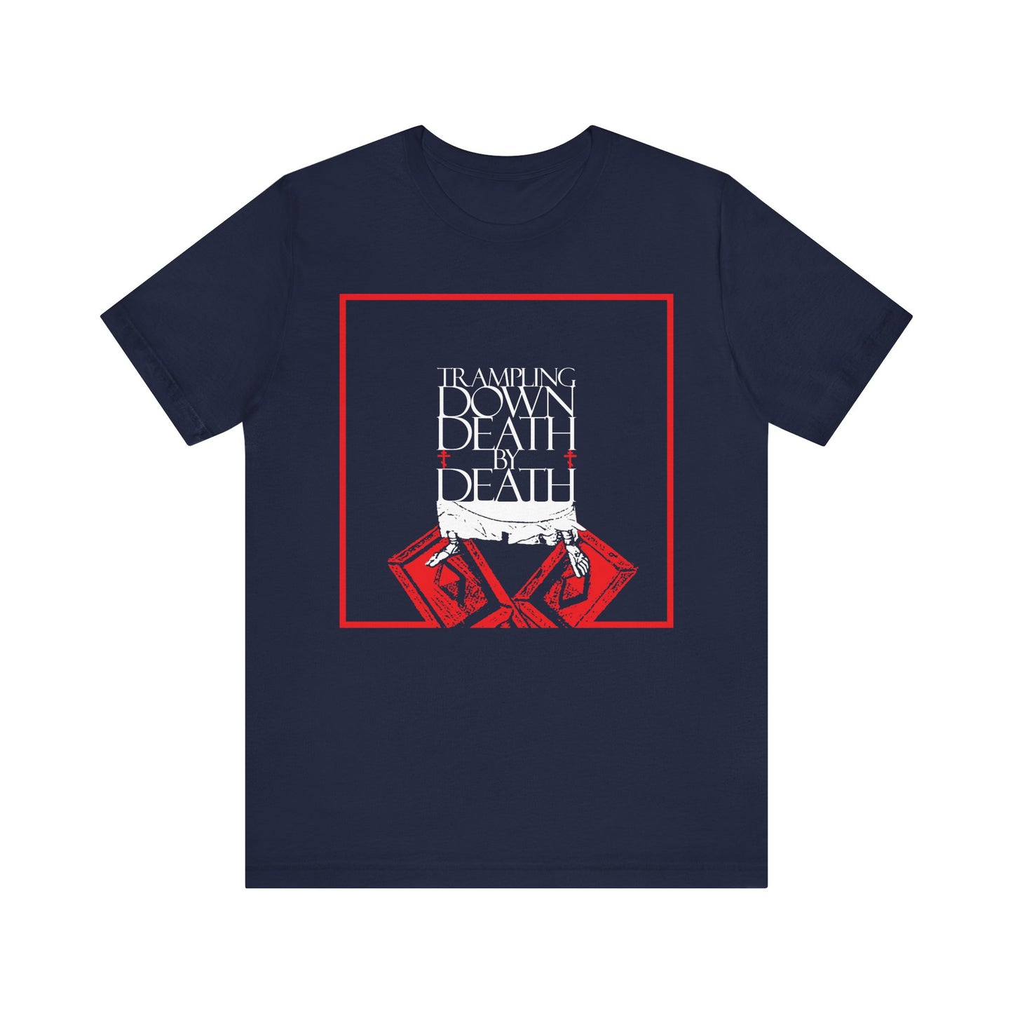 Navy unisex tee featuring "Trampling Down Death By Death" with iconographic Jesus feet on the gates of Hades; a bold Orthodox Pascha design symbolizing resurrection and eternal life.
