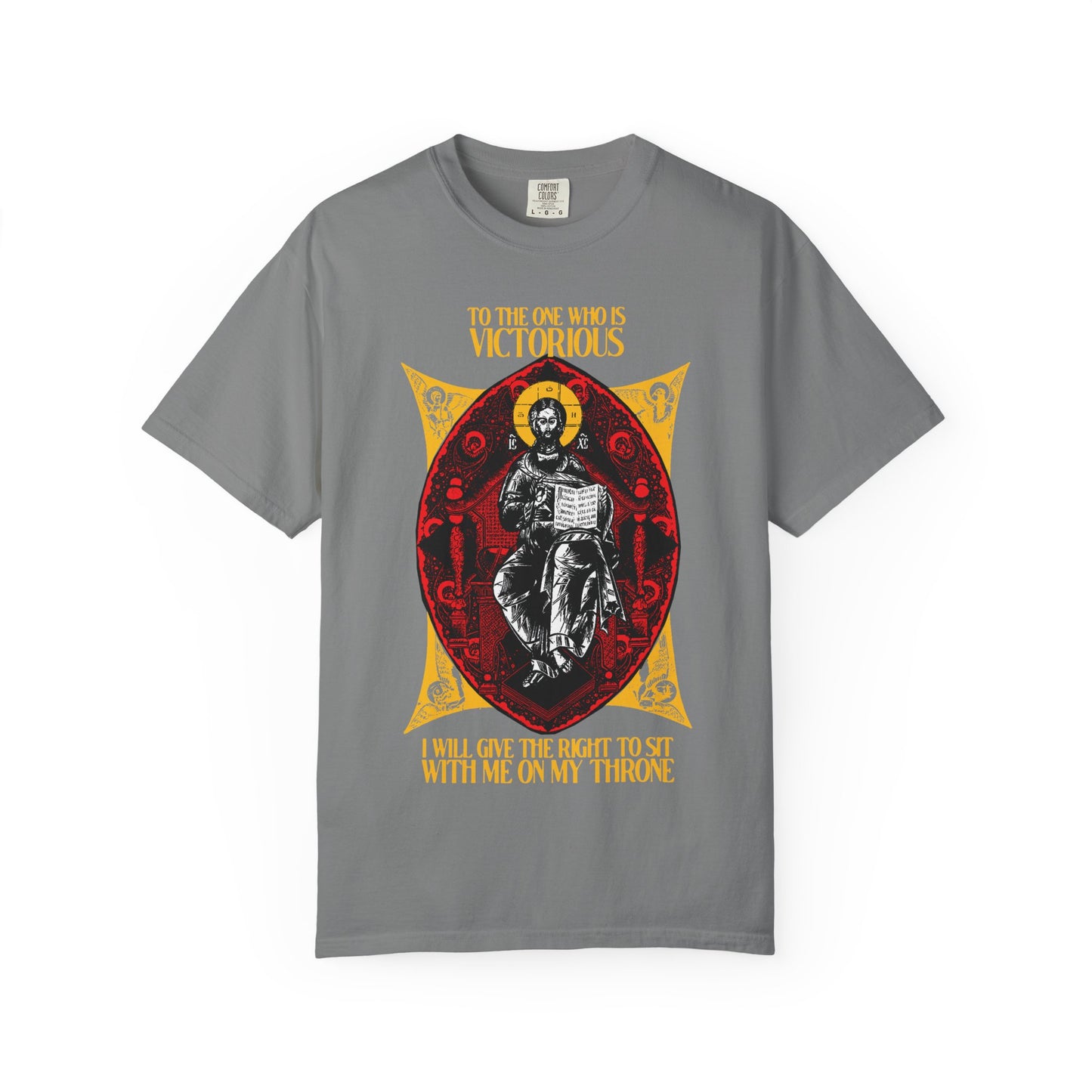 Grey "Christ is King, Enthroned In Glory IconoGraphic" tee features "To the One Who Is Victorious" (Rev 3:21). A heavyweight cotton Orthodox Christian shirt, reminding us of our call to reign with Christ. Unisex fit.