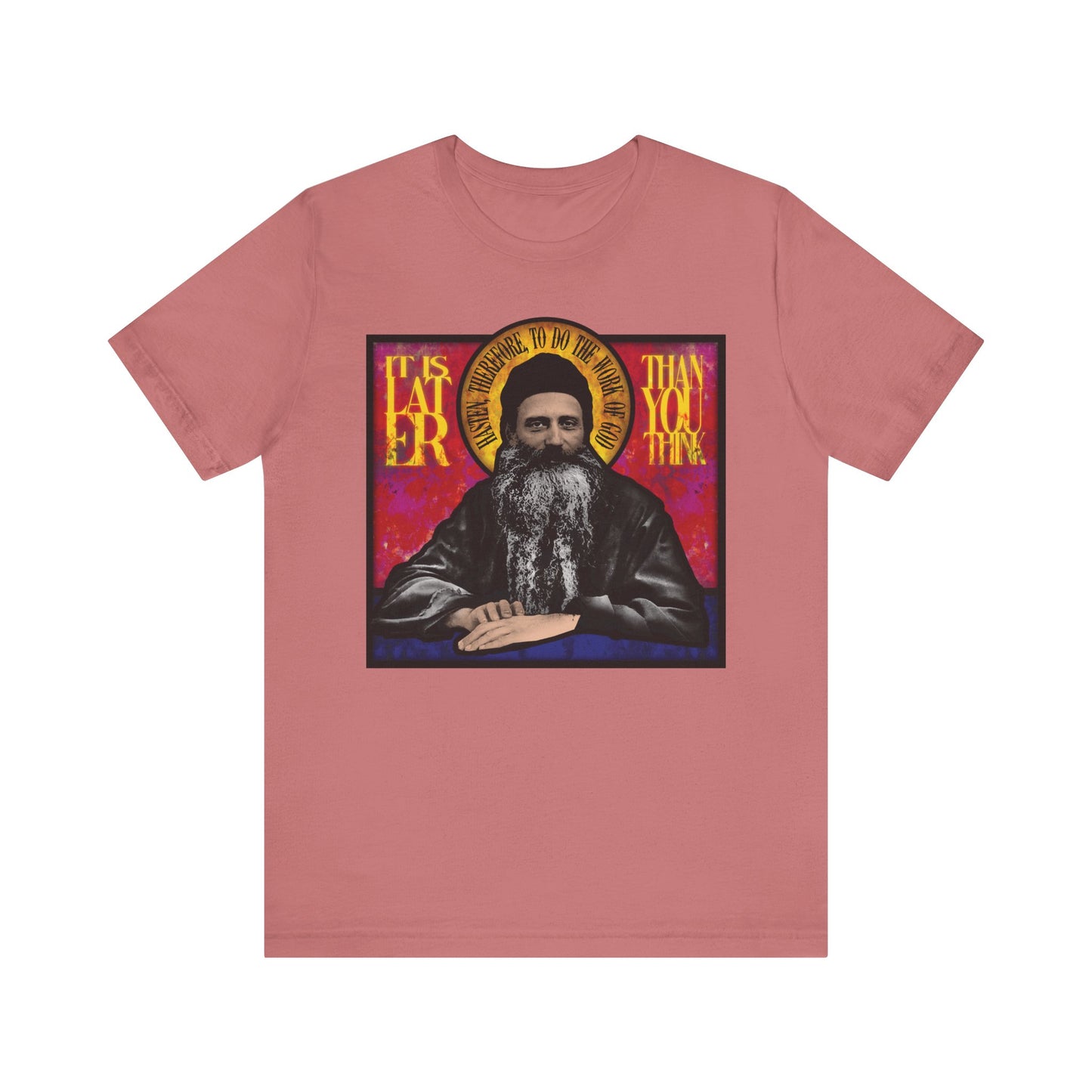 Mauve t-shirt featuring a stained glass design of Fr. Seraphim Rose with “It is later than you think”—a thoughtful nod to this American Orthodox monastic saint. Lightweight cotton, unisex fit.