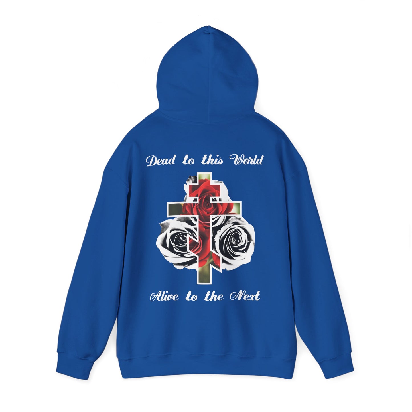 Dead to This World Alive to the Next Orthodox Cross & Gothic Rose BACK PRINT w/ Embroidered White Cross on Front Left Breast | Christian Hoodie