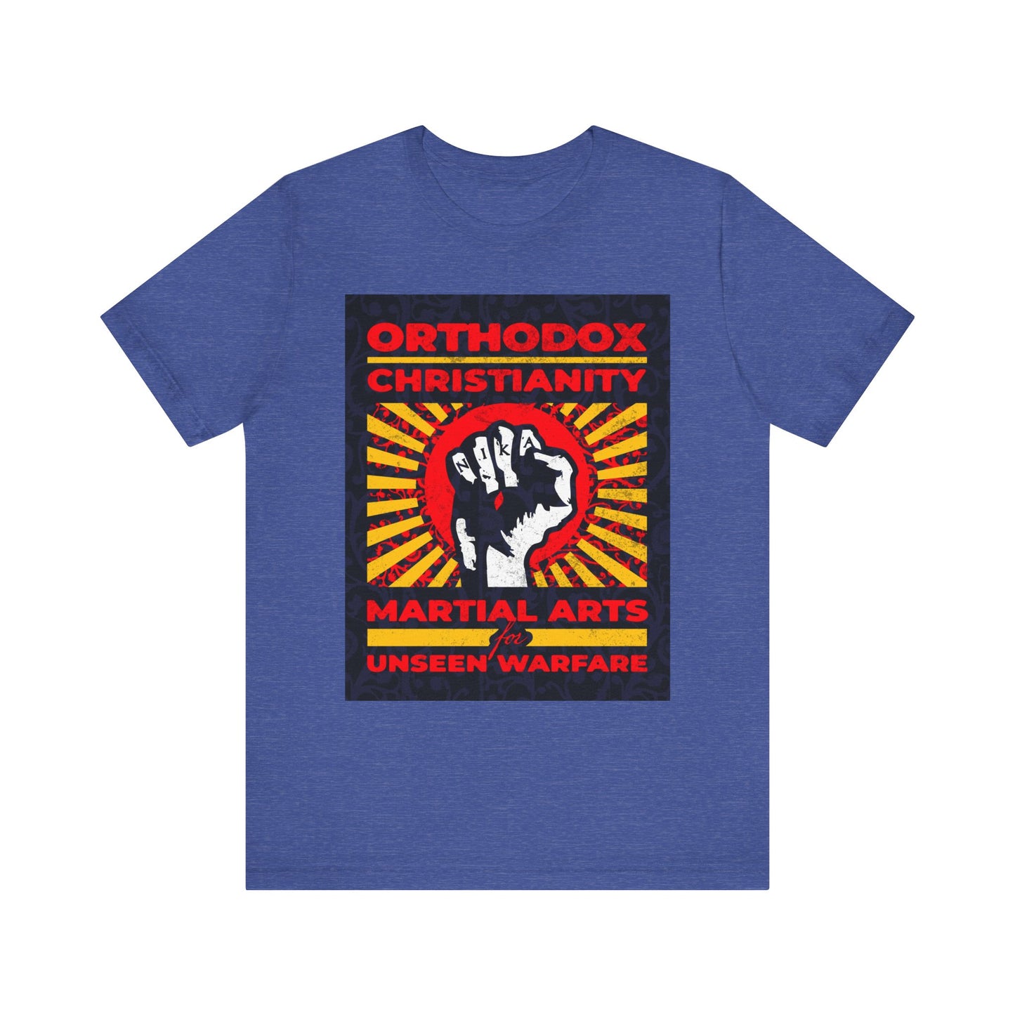Heather True Royal lightweight cotton unisex tee featuring a bold red, yellow, and black NIKA Jesus fist on a colorful sunburst graphic with the text "Orthodox Christianity: Martial Arts for Unseen Warfare"—highlighting the spiritual struggle and pursuit of Christian virtue inspired by Orthodox tradition.