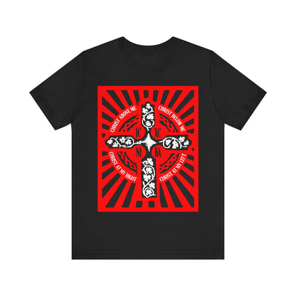 Red ICXC NIKA Enniskillen Celtic Cross | Lorica of St. Patrick | Shield Prayer | Orthodox Christian Cotton T-Shirt