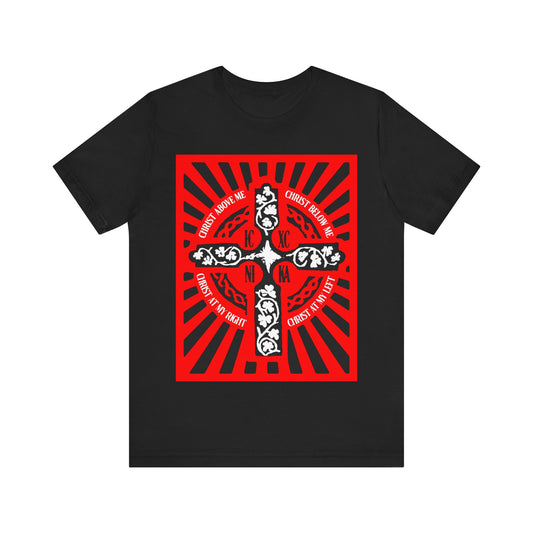 Red ICXC NIKA Enniskillen Celtic Cross | Lorica of St. Patrick | Shield Prayer | Orthodox Christian Cotton T-Shirt