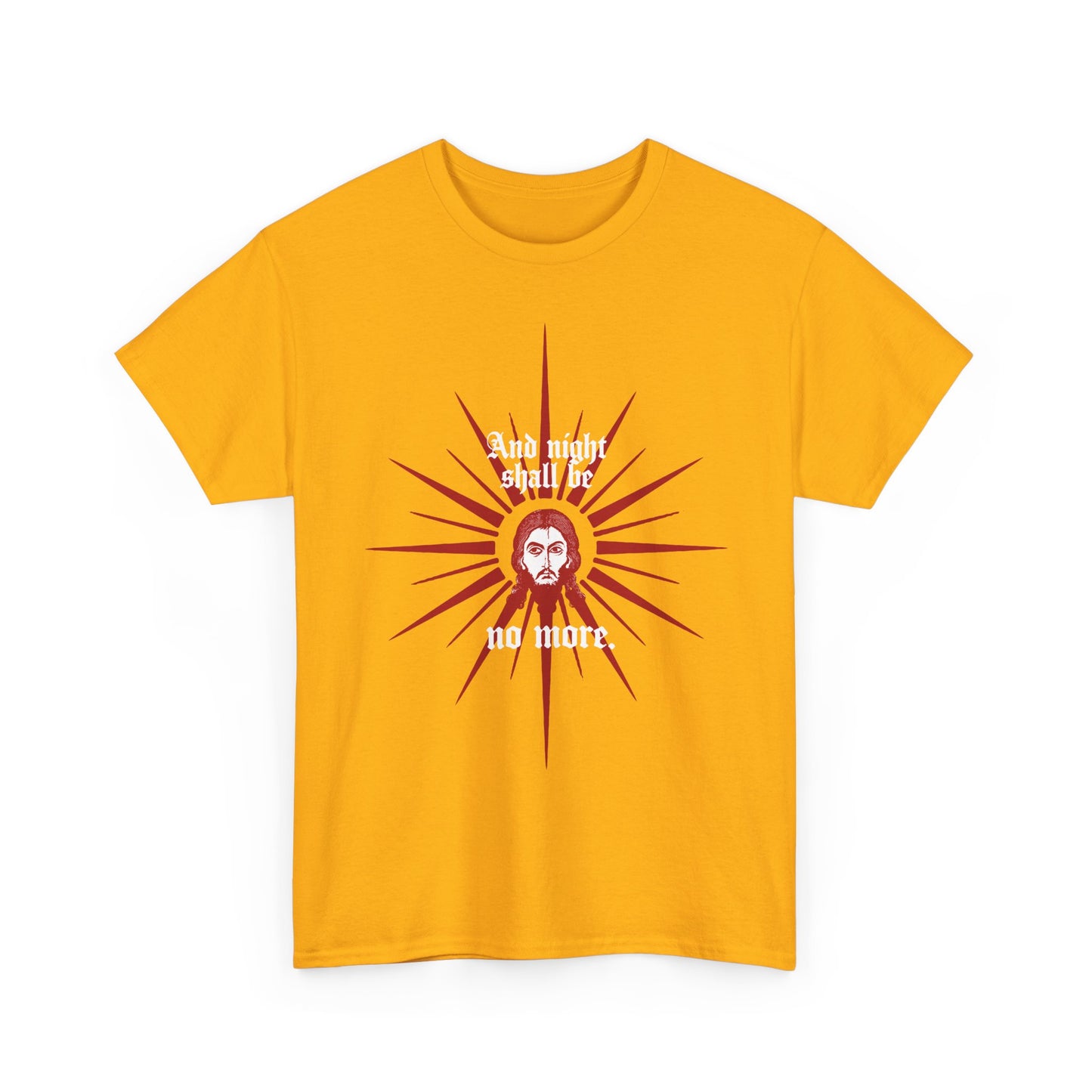 The "And Night Shall Be No More (Rev 22:5)" t-shirt features a red & white face of Jesus Christ icono-graphic in an Orthodox Christian style on heavy cotton, echoing Revelation 22:5 and the promise of everlasting light.