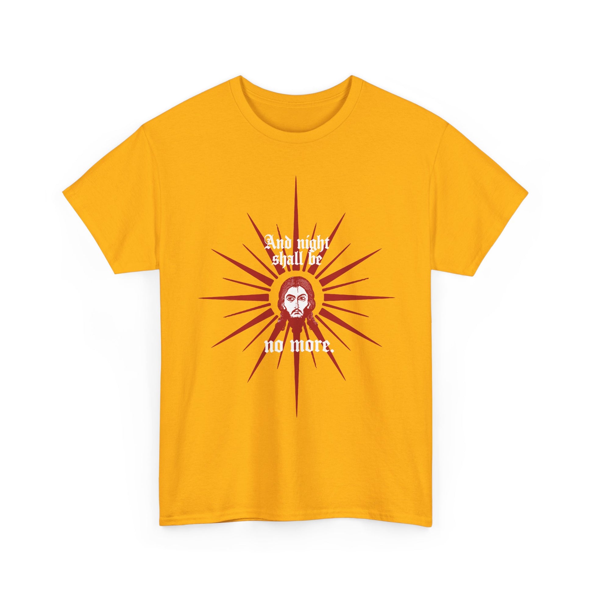 The "And Night Shall Be No More (Rev 22:5)" t-shirt features a red & white face of Jesus Christ icono-graphic in an Orthodox Christian style on heavy cotton, echoing Revelation 22:5 and the promise of everlasting light.