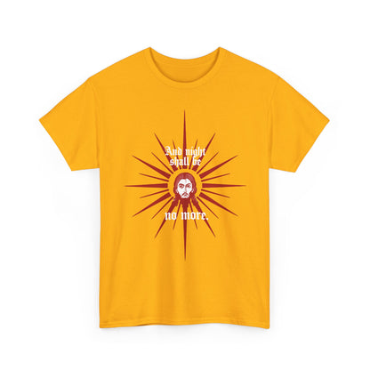 The "And Night Shall Be No More (Rev 22:5)" t-shirt features a red & white face of Jesus Christ icono-graphic in an Orthodox Christian style on heavy cotton, echoing Revelation 22:5 and the promise of everlasting light.