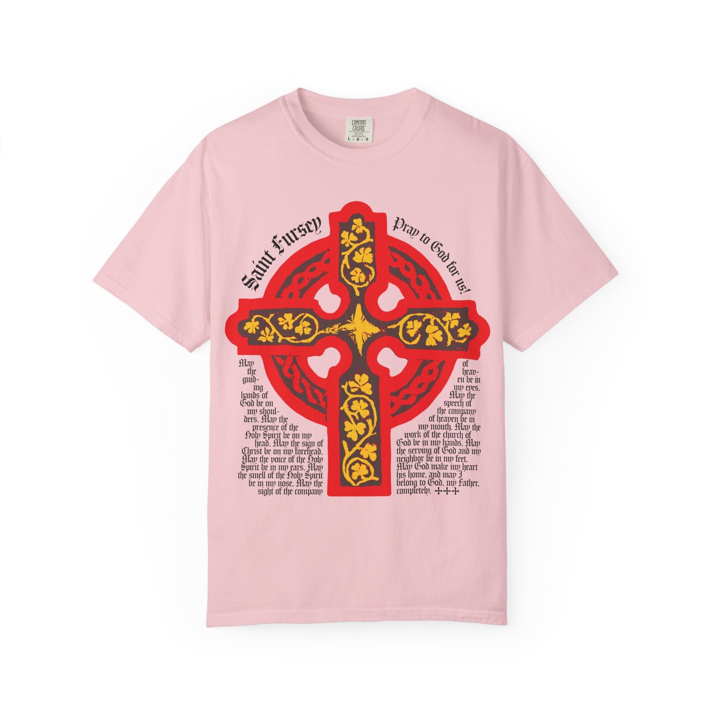 Blossom Lorica Shield Prayer of St Fursey tee features a bold red & yellow Celtic cross and black prayer text, inspired by the Ancient Celtic Church. Heavyweight unisex cotton; Irish Orthodox, Western Rite design.