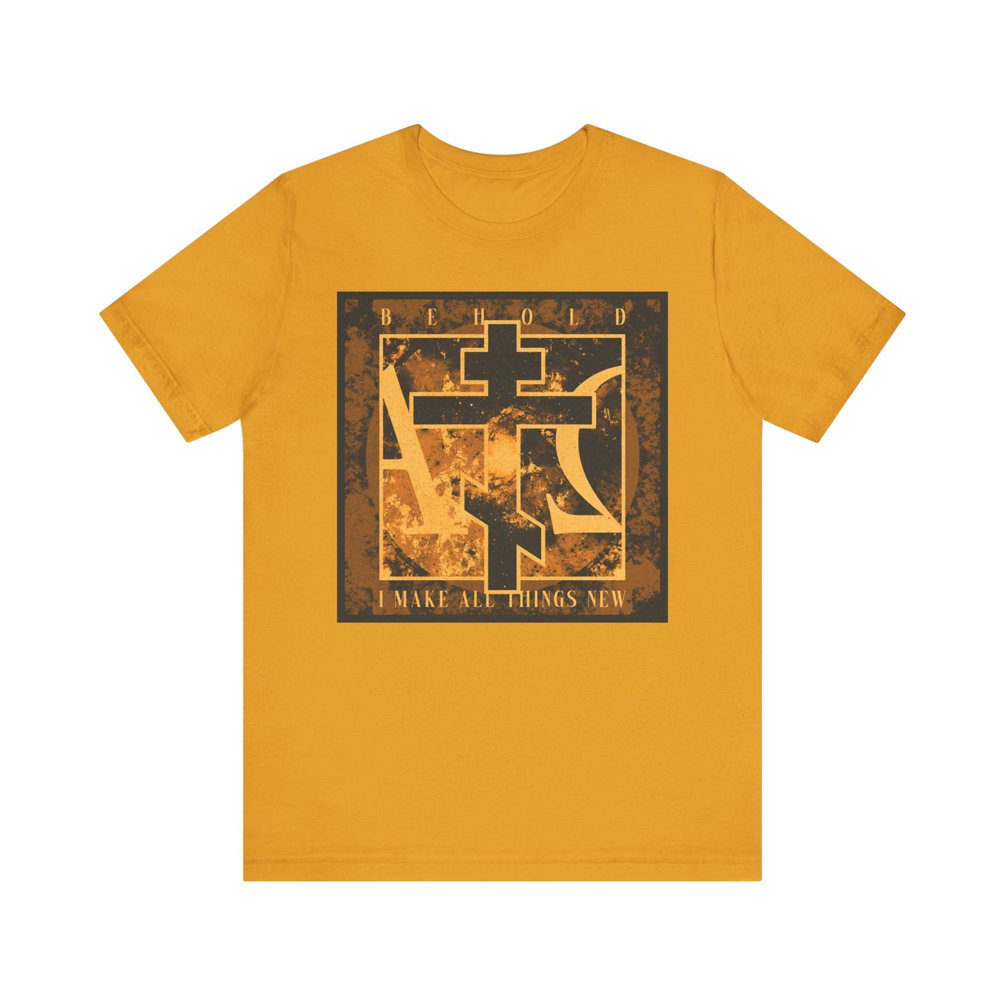 Mustard lightweight cotton unisex t-shirt featuring a brown & orange Orthodox cross with Alpha & Omega, and “Behold, I Make All Things New” (Rev 21:5) on the front.