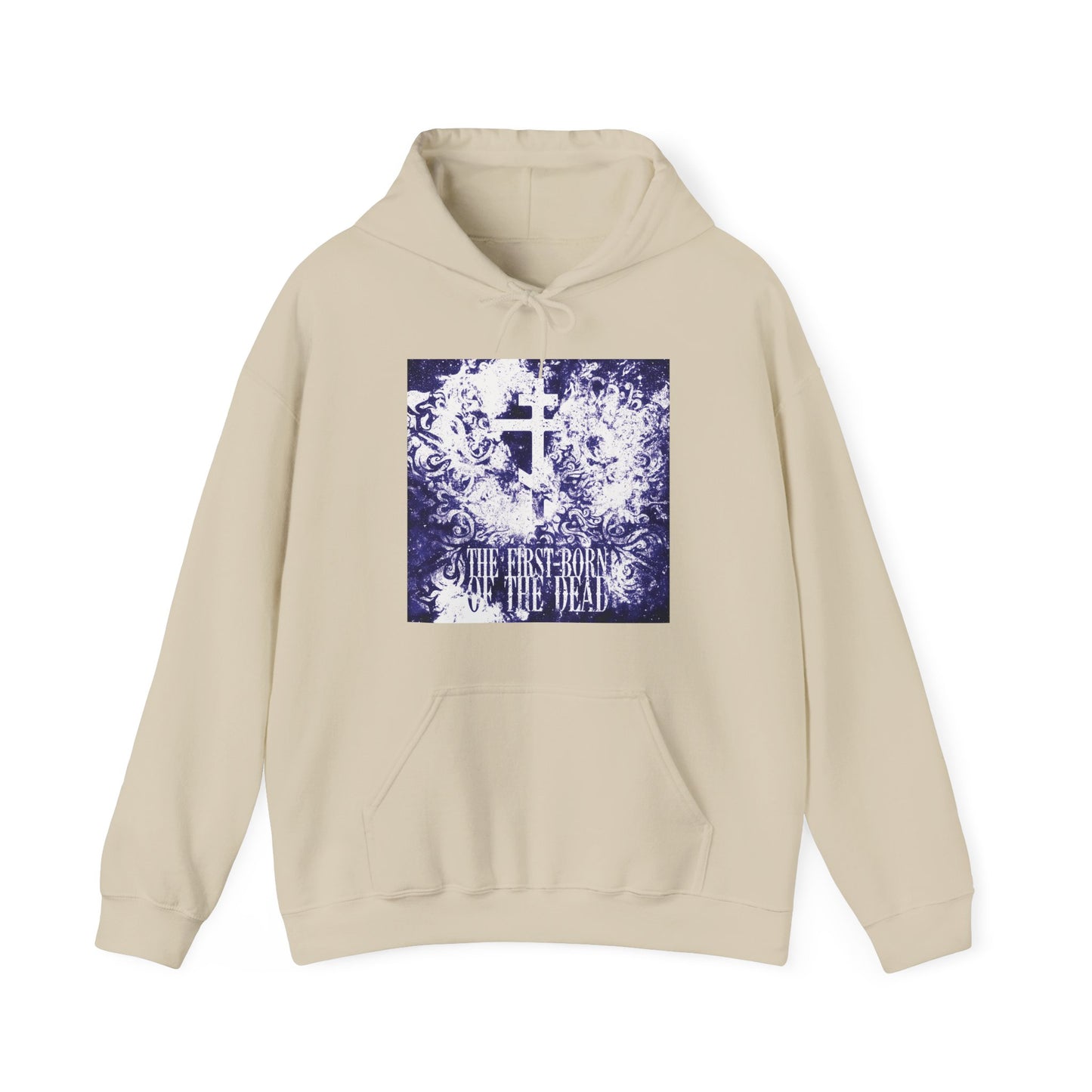 Sand-colored hoodie featuring a glowing white and blue textured cosmic Orthodox cross and “The First-Born of the Dead” text, referencing Christ’s resurrection.