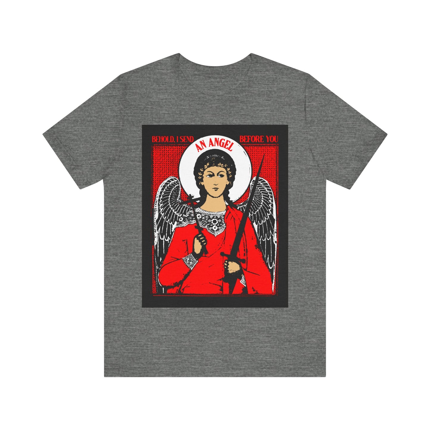 Behold, I Send an Angel Before You (Exodus 23:20) | Guardian Angel With Cross and Sword IconoGraphic | Orthodox Christian Cotton T-Shirt