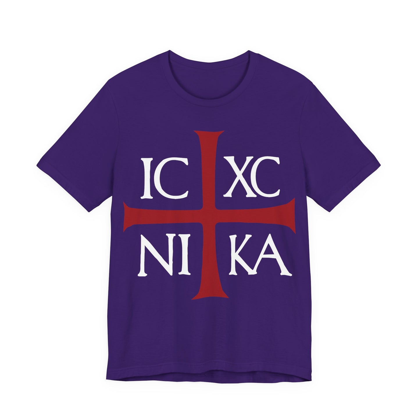 Team Purple cotton t-shirt with a red cross and white ICXC NIKA Greek letters—an ancient Byzantine Christogram meaning "Jesus Christ Conquers." Orthodox Christian design expressing faith and victory through Christ.