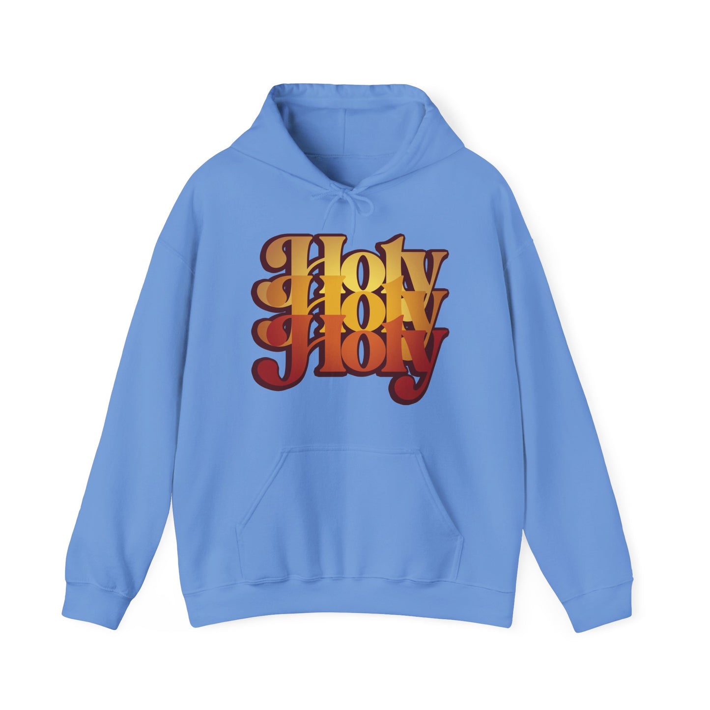 Carolina Blue hoodie featuring "Holy Holy Holy" in bold red and yellow 70s-style lettering, inspired by Isaiah 6, from the Trisagion Liturgical Prayer—Cherubim & Seraphim Orthodox Christian design.