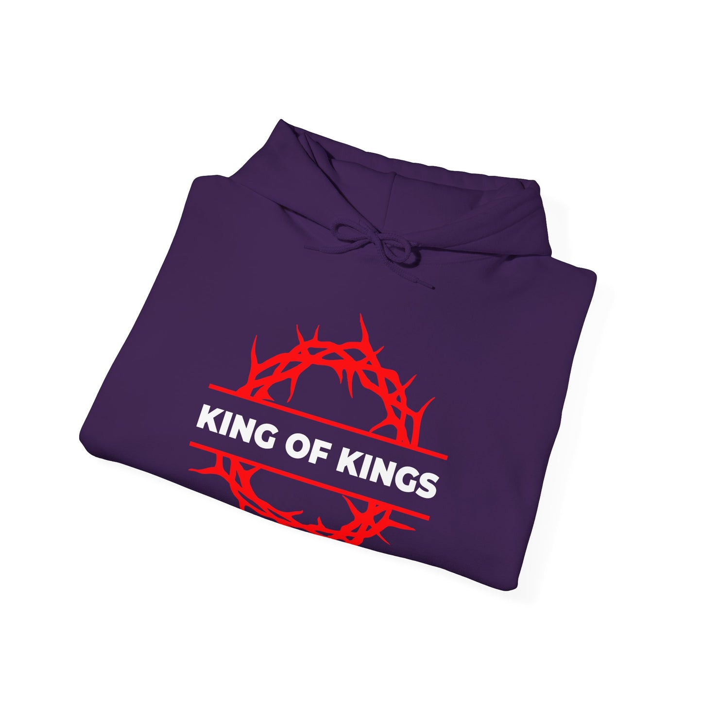 Folded purple "King of Kings Crown of Thorns" Orthodox Christian hoodie with a red crown of thorns and “KING OF KINGS” in white, inspired by Revelation 19:16 where Christ is proclaimed King of Glory.