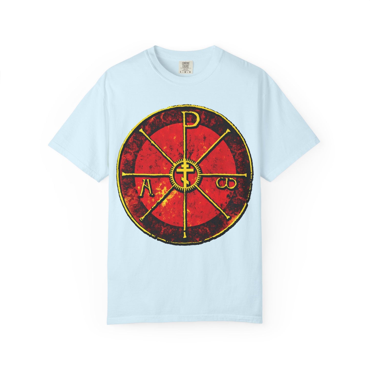 Chambray heavyweight cotton T-shirt featuring a large red and gold Chi Rho cross with Greek letters, inspired by the ancient Christogram of Saint Ambrose, on the front. Product: Alpha & Omega Chi Rho Orthodox Cross Christian T-Shirt.