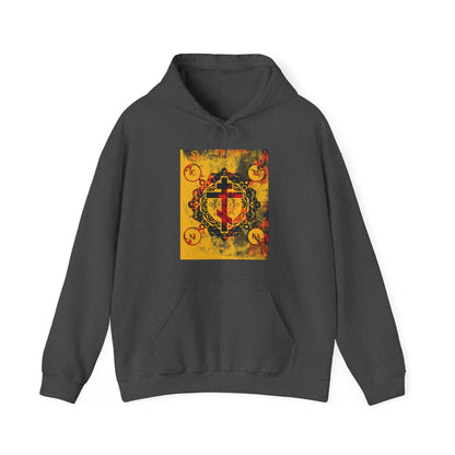 IC XC NIKA Orthodox Cross | Yellow & Red Modern & Medieval Textured Floral Design | Orthodox Christian Hoodie