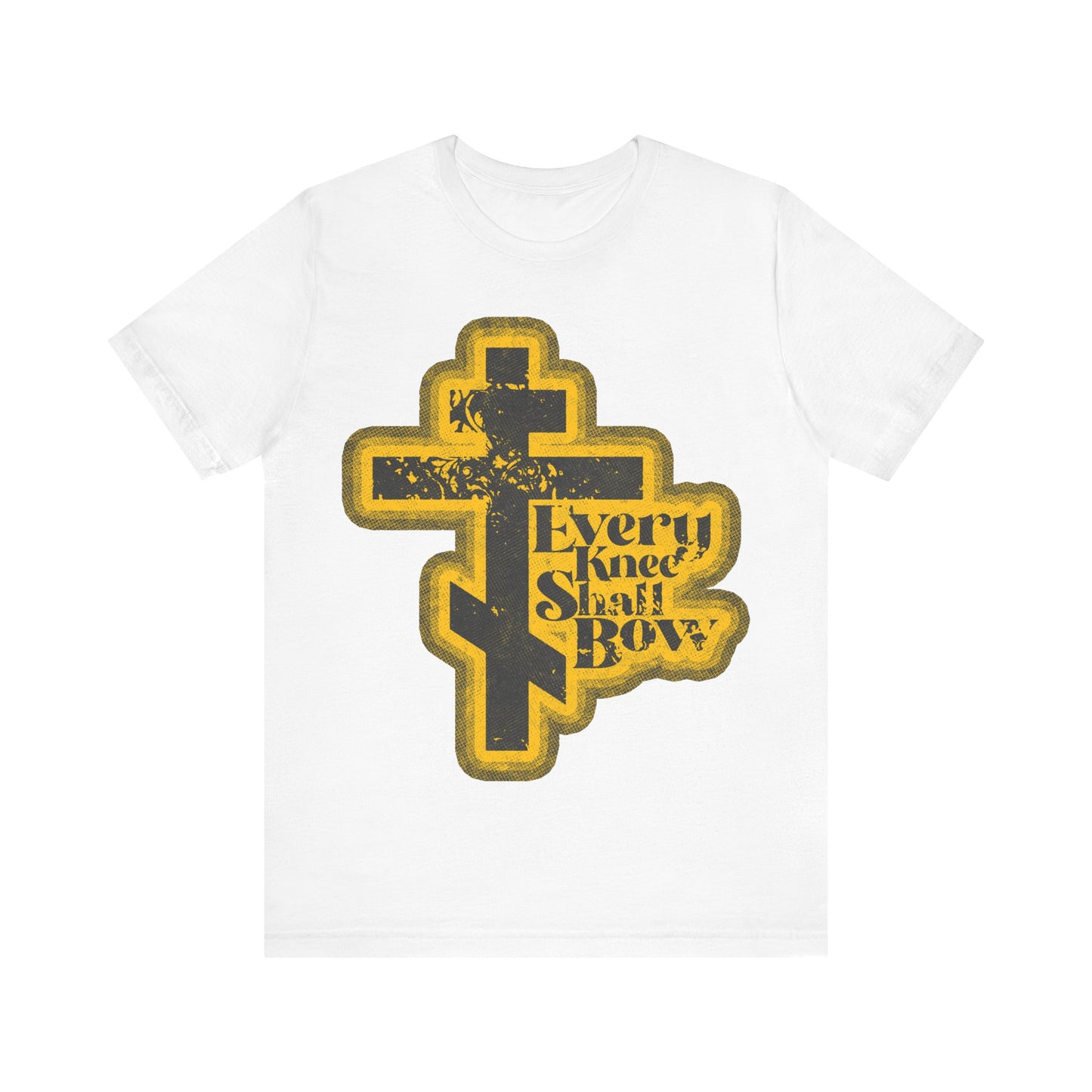 White "Every Knee Shall Bow" t-shirt with a 70s distressed halftone comic book design, inspired by Philippians 2:10-11 & Isaiah 45:23. An Orthodox Christian tee featuring bold cross graphics in yellow and black.