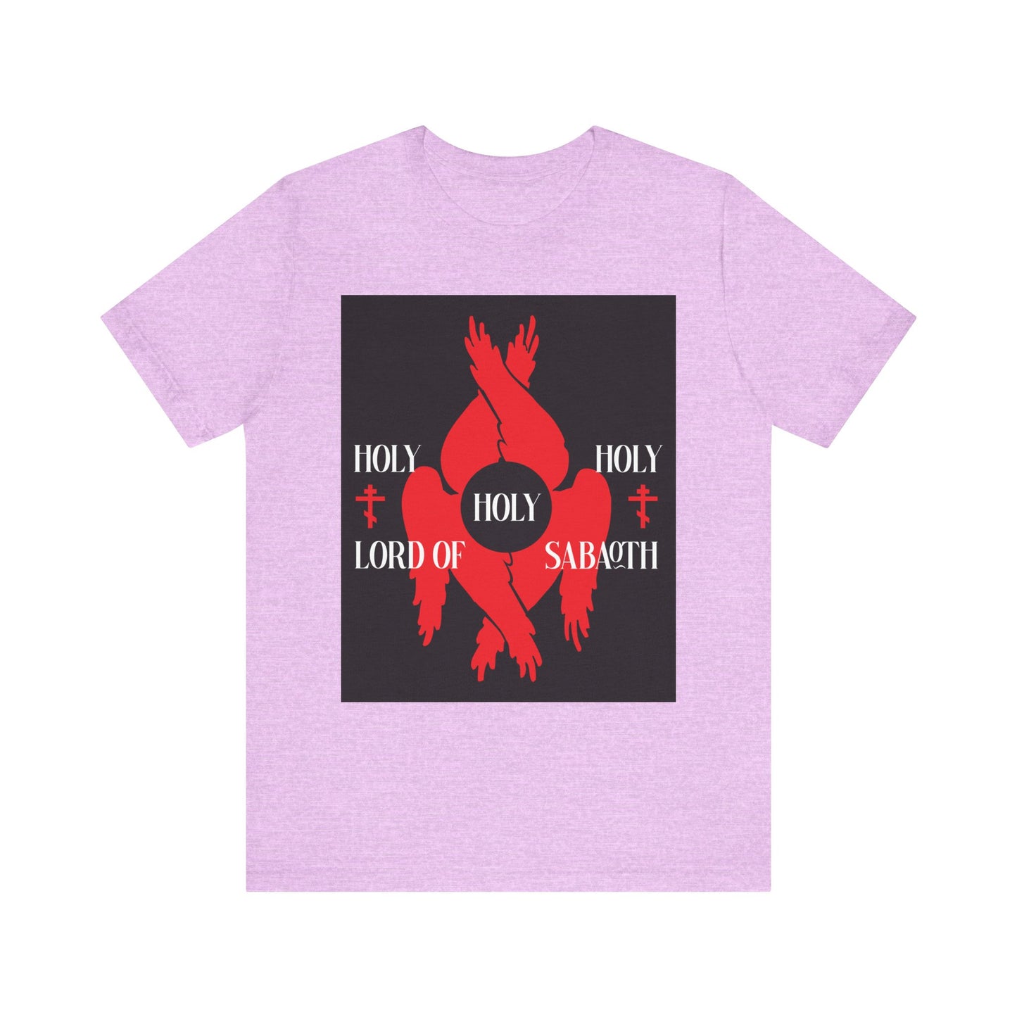 Heather Prism Lilac t-shirt with bold red seraphim wings, Orthodox crosses, and “Holy Holy Holy Lord of Sabaoth”—inspired by Isaiah 6:3 and the Divine Council. Lightweight cotton unisex style.