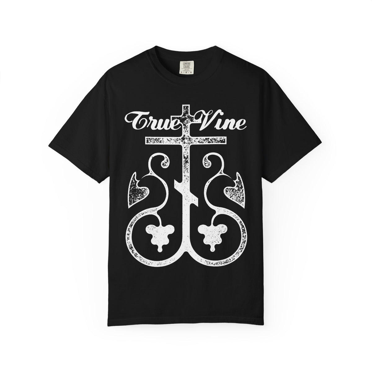 Black heavyweight cotton unisex T-shirt titled “I Am the True Vine (John 15, Ezekiel 15),” featuring an Orthodox cross with a grape vine design in a photocopy effect on the front.