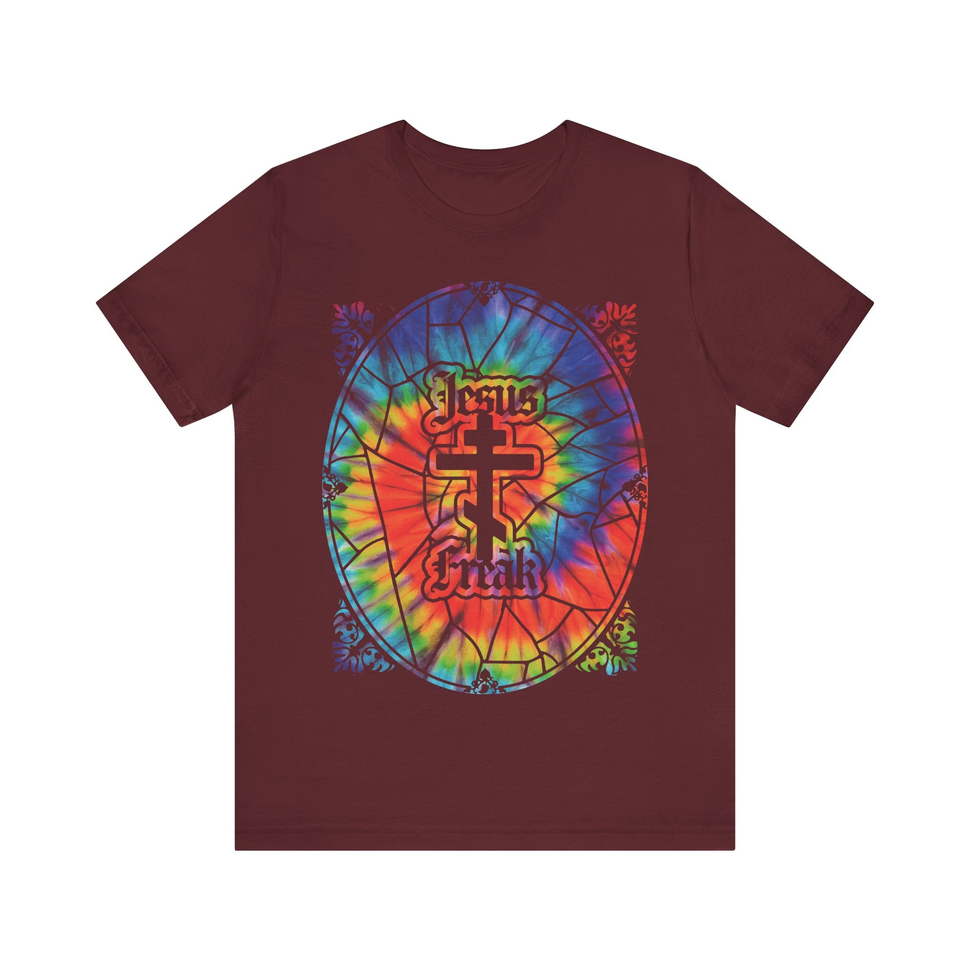Maroon Jesus Freak unisex tee featuring a vibrant tie-dye stained glass window design with an Orthodox cross and gothic font, inspired by the 70s Jesus Movement hippie style.