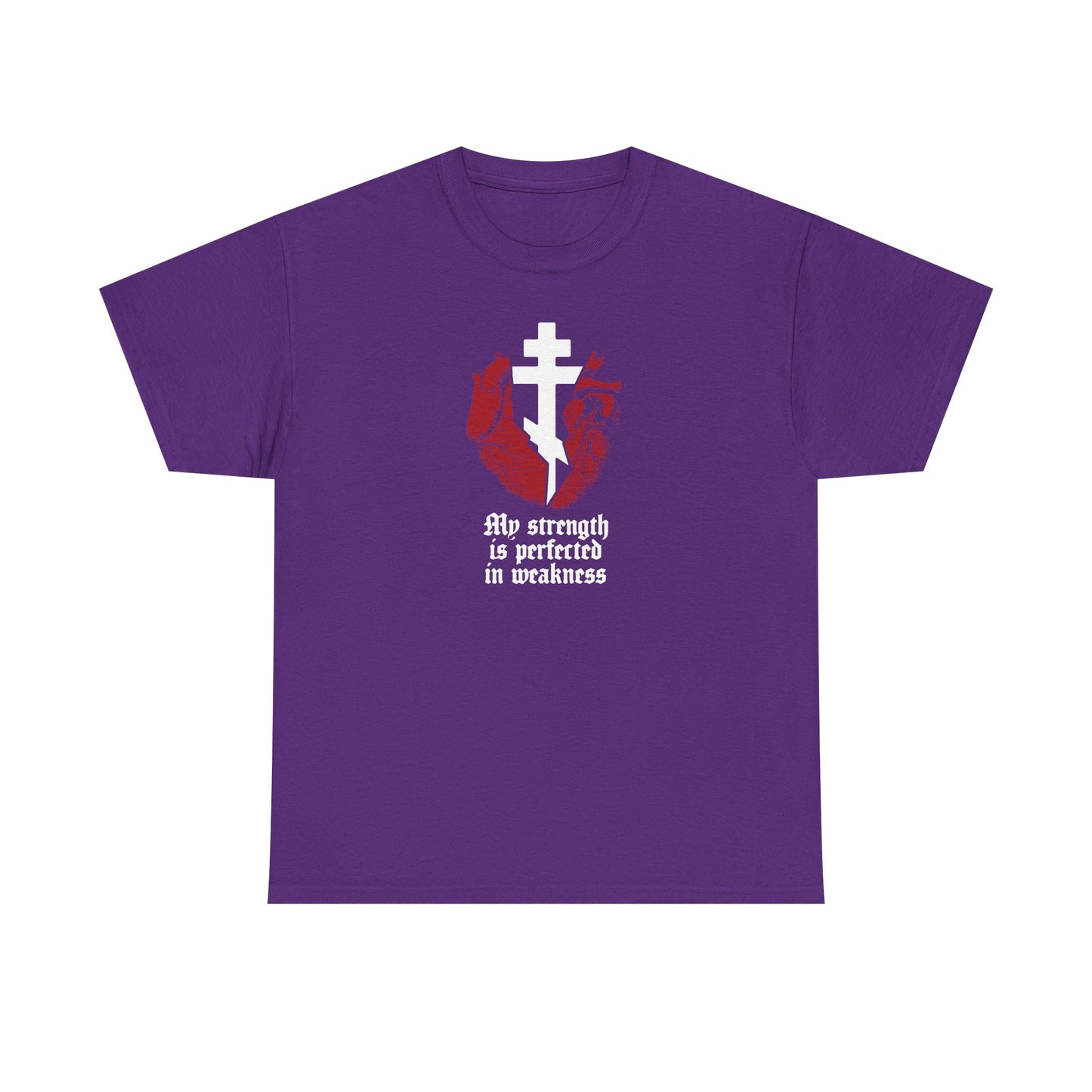 Purple "My Strength is Perfected in Weakness (2 Corinthians 12:9)" t-shirt features a broken heart with a cross, gothic text, and an Orthodox Christian design. Heavy cotton.