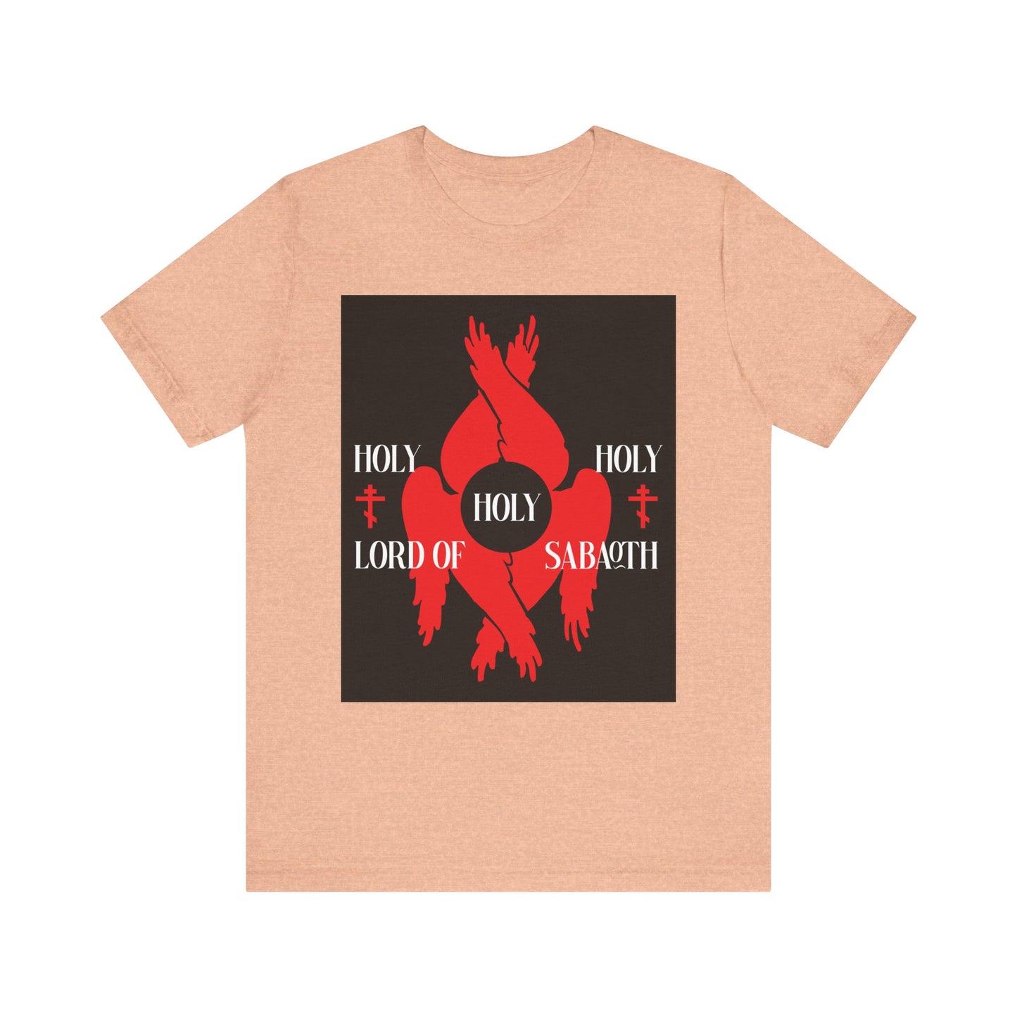 Heather peach t-shirt featuring a red seraphim-winged heart, white "HOLY HOLY HOLY LORD OF SABAOTH" text, and Orthodox crosses. Inspired by Isaiah 6:3’s Divine Council. Lightweight cotton unisex fit.