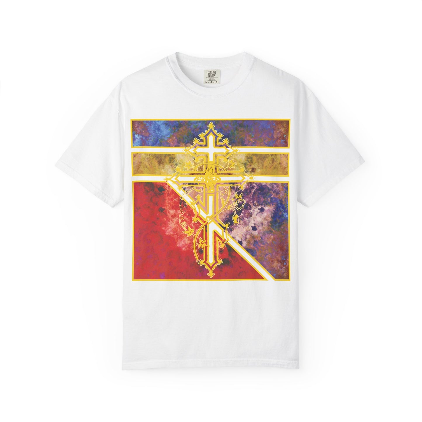 White “Ornate Orthodox Cross with Vine and Textured Geometric Pattern” Christian heavyweight cotton unisex T-shirt featuring an ornate cross design on the front, set against a bold, abstract red and gold geometric pattern inspired by the Prayer to the Venerable Cross—where demons perish before the life-giving symbol.