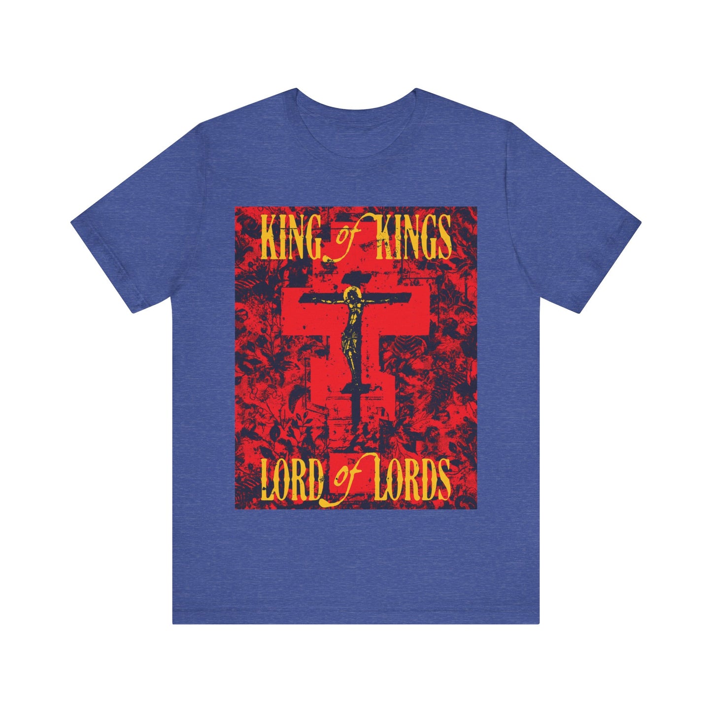 King of Kings, Lord of Lords | Christ Crucified Orthodox Icono-Graphic | Yellow & Red Design | Nature Texture | Lightweight Cotton Unisex T-Shirt