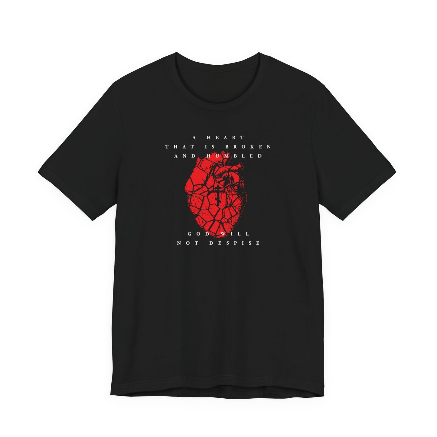 Black unisex cotton T-shirt featuring a cracked red heart with an Orthodox cross and white text: “A heart that is broken and humbled God will not despise”—a Christian reminder of repentance. Inspired by Psalm 50.