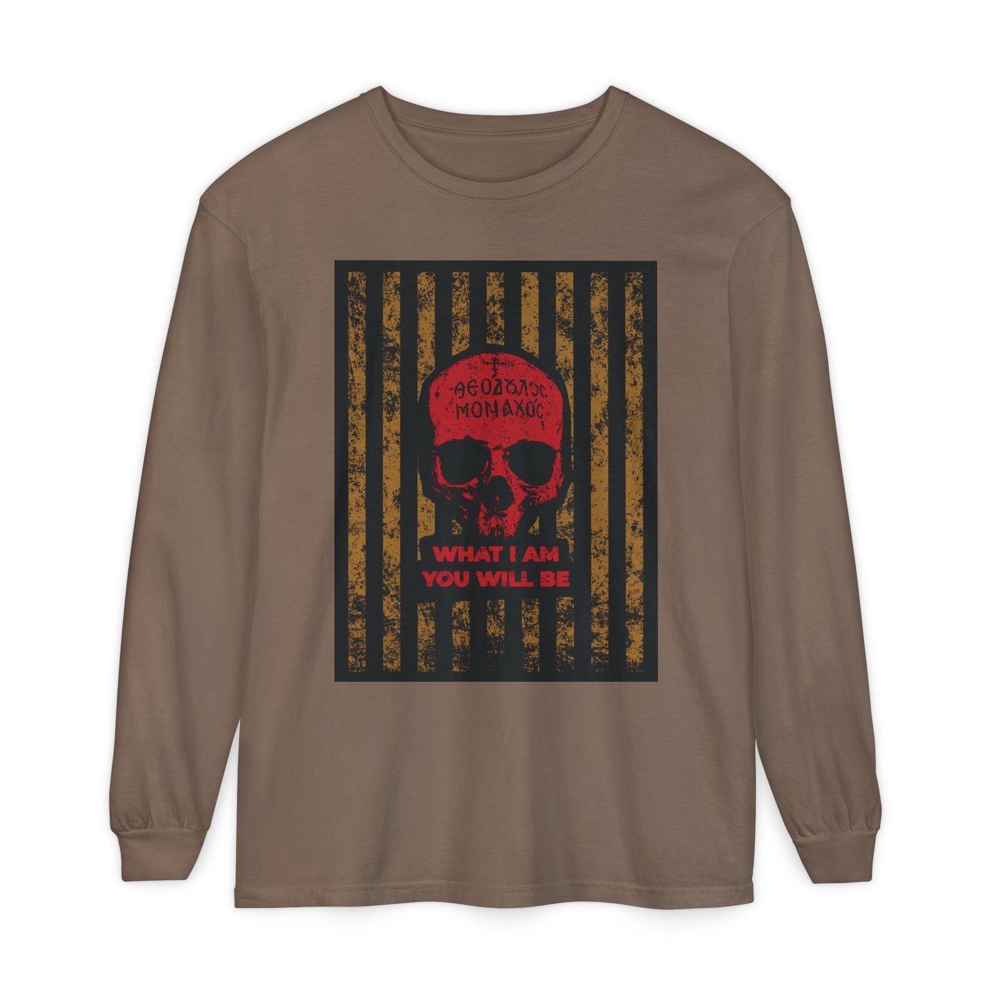 Espresso long-sleeve cotton shirt featuring a red Mt Athos monk skull and "What I Am You Will Be" text, inspired by memento mori and St. Ignatius Brianchaninov’s remembrance of death; part of the Ascetic Ethos collection.