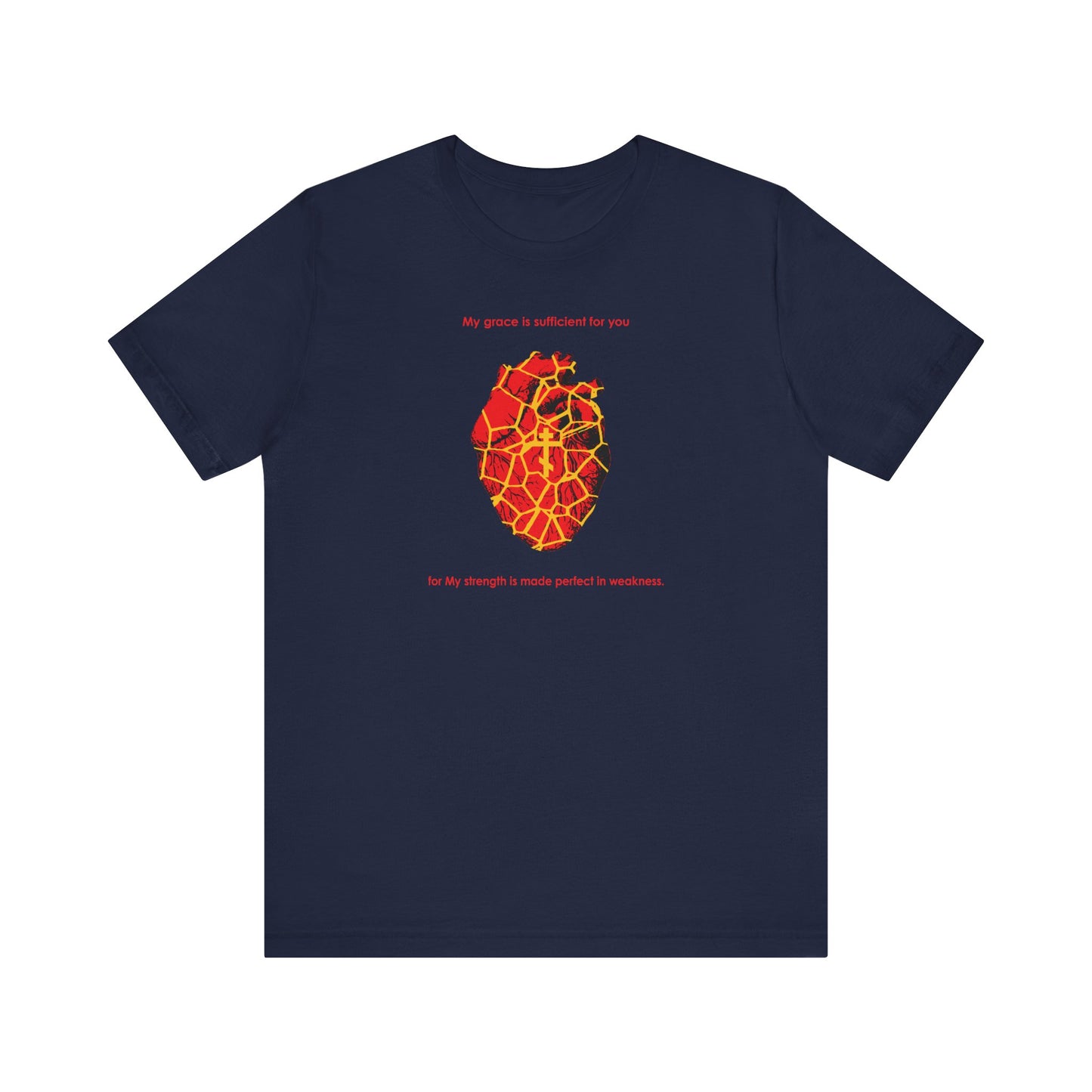 My Strength is Made Perfect in Weakness (2 Cor 12:9) | Kintsugi Style Golden Broken Heart | Orthodox Cross | Lightweight Cotton Unisex Tee