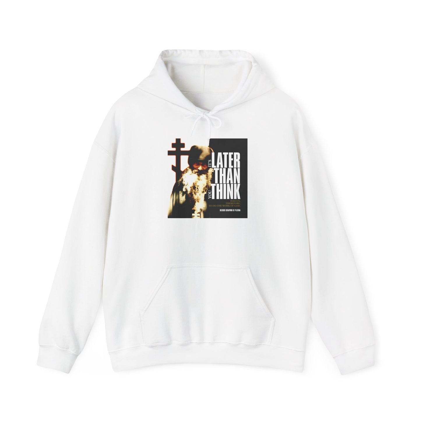 White "It’s Later Than You Think" hoodie featuring a photo of Fr Seraphim Rose with modern cinematic poster typography on the front—a meaningful Orthodox Christian design inspired by faith and way of life.