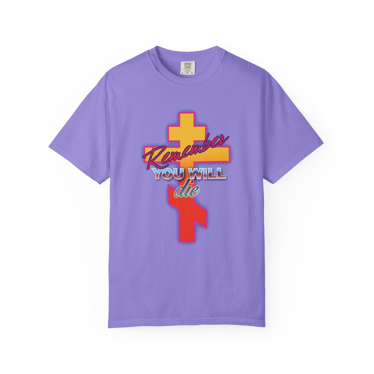 Remember You Will Die 80s Design | Glowing Synthwave Retro Orthodox Cross | Precious Life-Giving Cross | Heavyweight Cotton Unisex T-Shirt