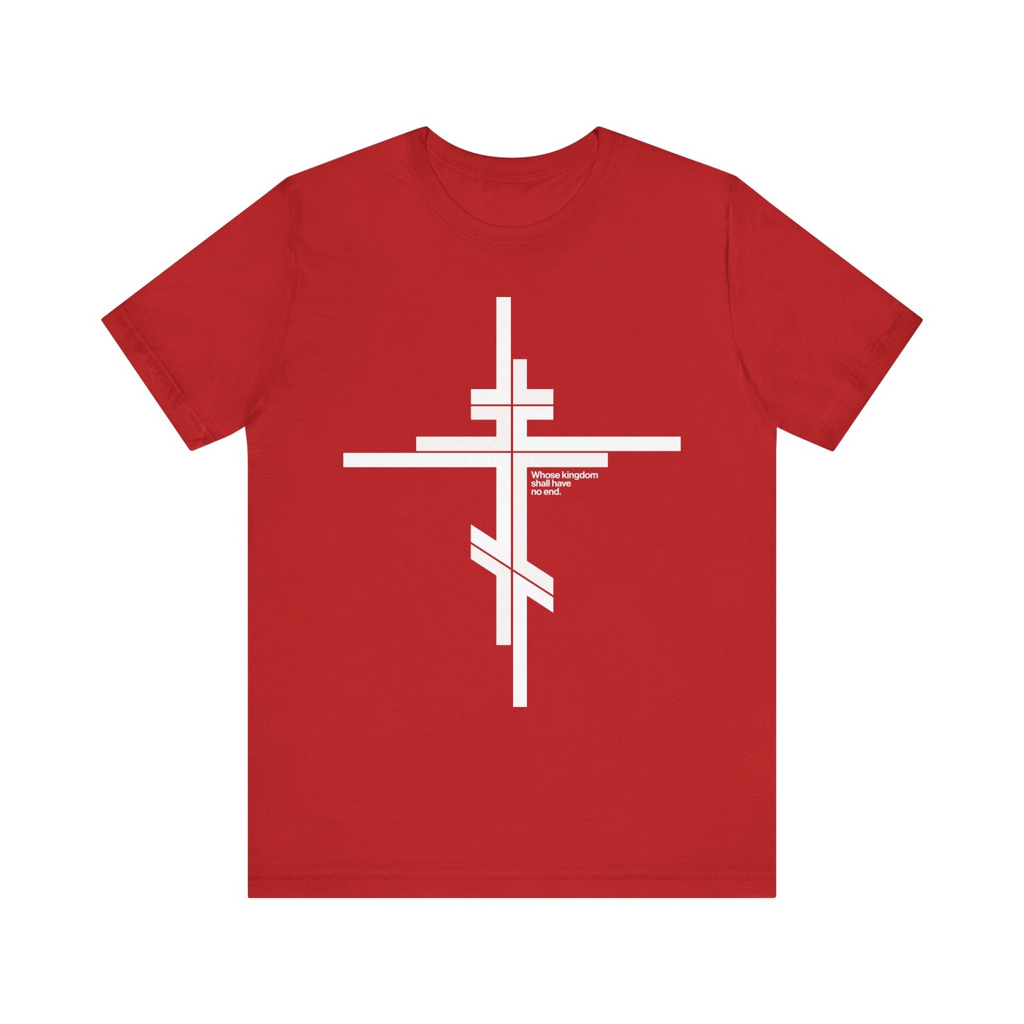 Red t-shirt featuring a modernist minimalist Orthodox cross and “Whose Kingdom Shall Have No End” logo, inspired by Luke 1:32-33 and the enduring hope of Christ’s kingdom. Lightweight cotton unisex design.
