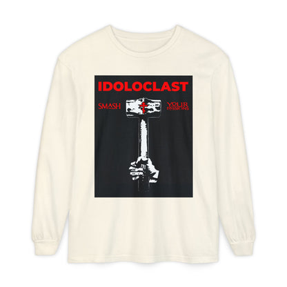 Ivory long-sleeve featuring "Idoloclast Idol-Smasher" Jesus fist with sledgehammer graphic, ICXC NIKA text—symbolizing Christian asceticism and the power to smash your passions. Orthodox Christian design.