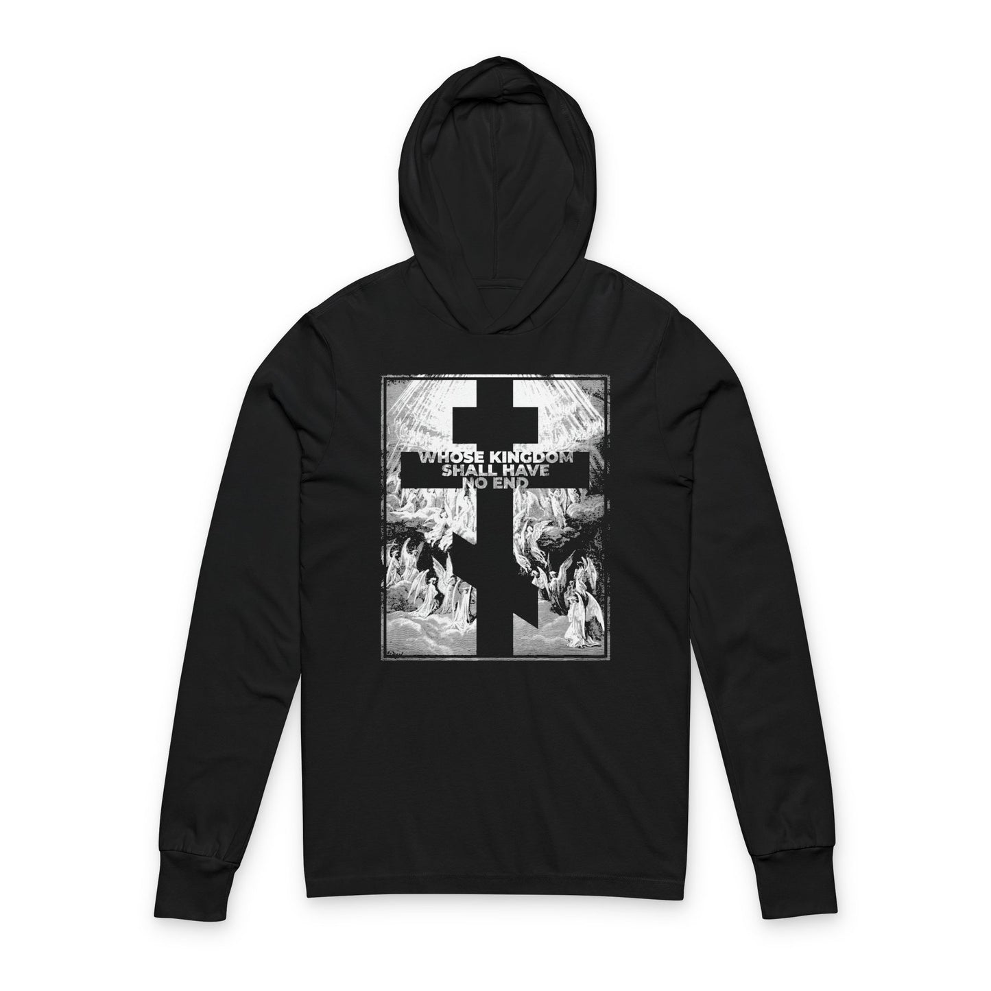 Black Whose Kingdom Shall Have No End hoodie—Orthodox hooded shirt inspired by the Nicene Creed, Symbol of Faith, and Revelation, featuring Gustave Dore etching on the front.
