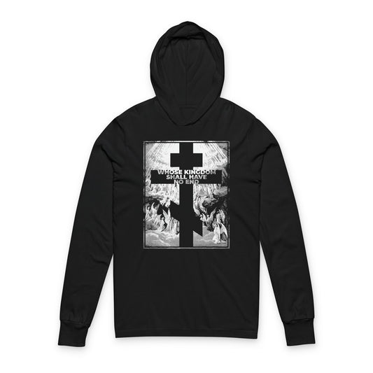 Black Whose Kingdom Shall Have No End hoodie—Orthodox hooded shirt inspired by the Nicene Creed, Symbol of Faith, and Revelation, featuring Gustave Dore etching on the front.