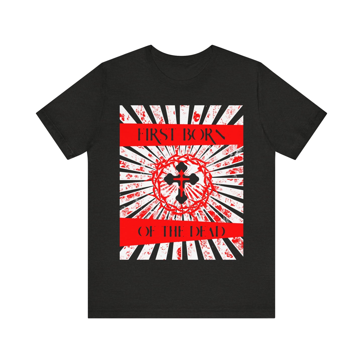 First Born of the Dead | Orthodox Cross and Crown of Thorns | Red White and Black Textured Design with Rays | Orthodox Christian Cotton T-Shirt