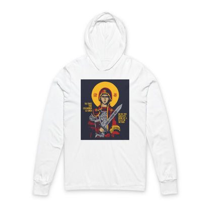 To Thee the Champion Leader | Mother of God | Theotokos with Sword IconoGraphic | Orthodox Long Sleeve Hooded Shirt