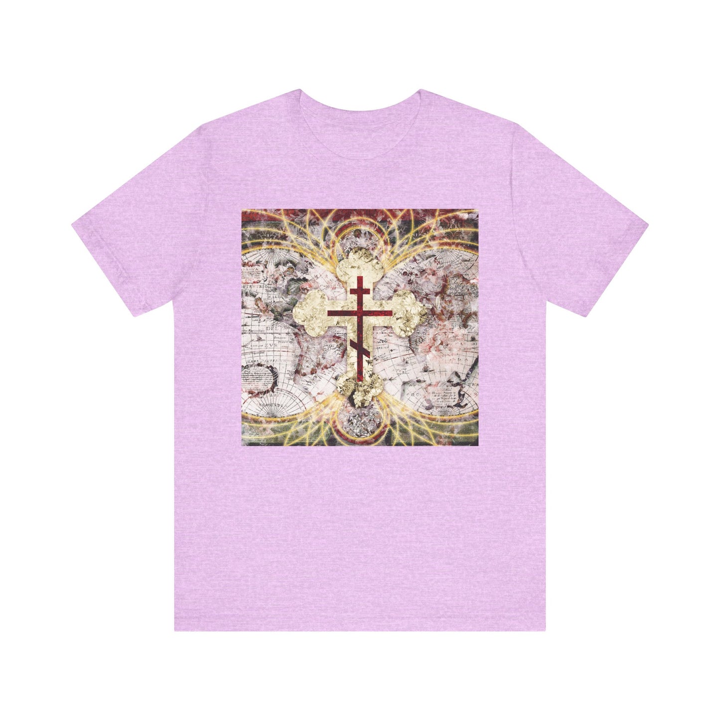 Heather Prism Lilac tee featuring a red Orthodox cross over an antique map with glowing magnetic lines and “Conqueror of Death” motif—Orthodox Christian lightweight cotton unisex shirt.