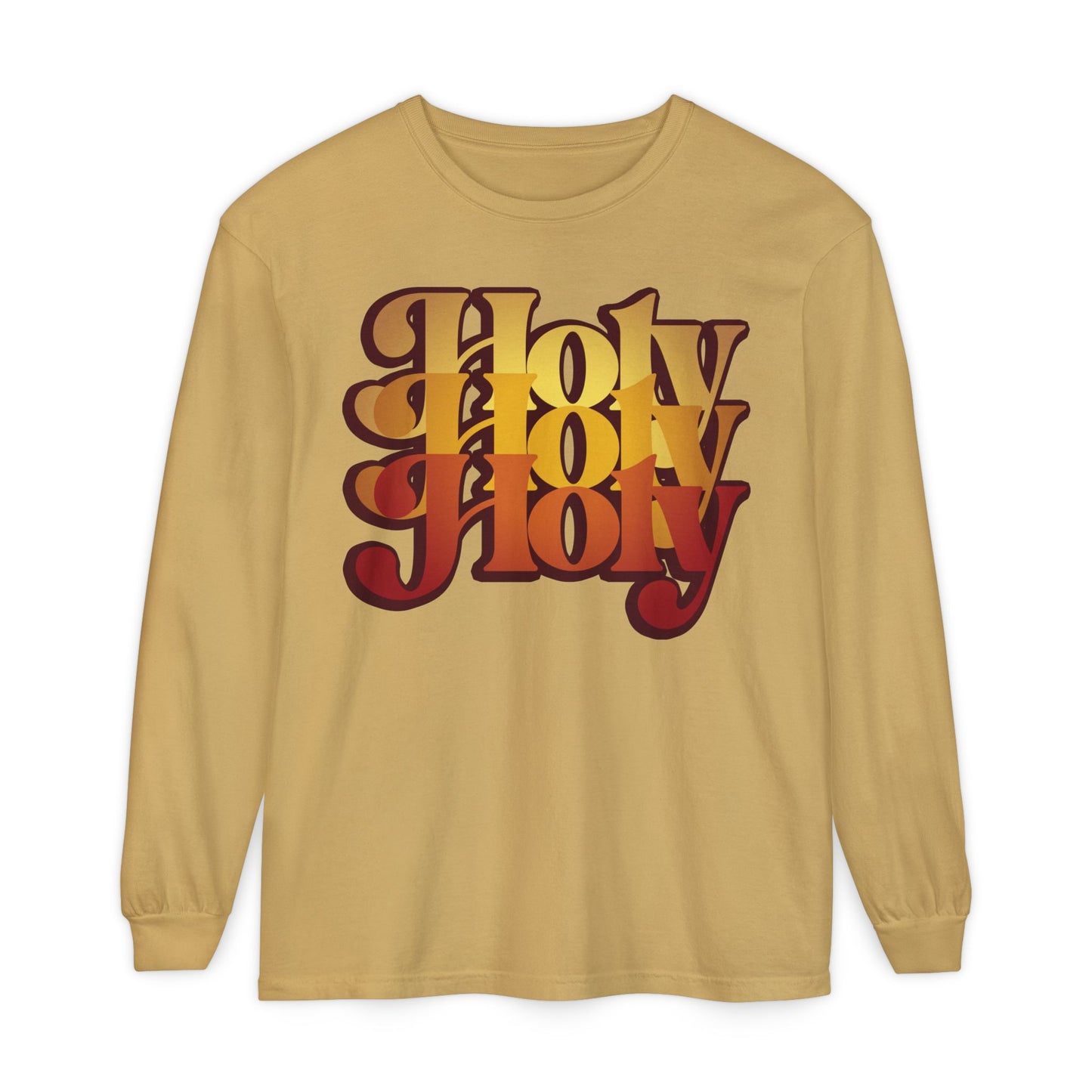 Mustard long-sleeve cotton shirt with bold, retro “Holy Holy Holy” text on the front, inspired by Isaiah 6:1-3. Features 70s style design referencing the Trisagion liturgical prayer and cherubim & seraphim.