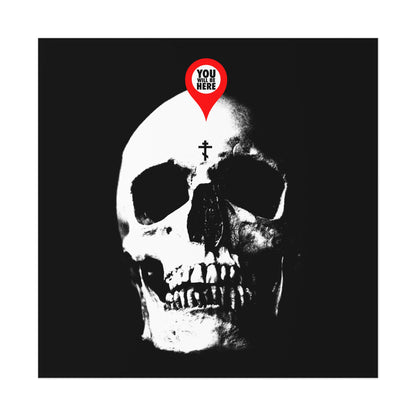 The "You Will Be Here Maps Marker on Skull" Orthodox Christian art poster features a skull with a cross, reminding viewers of memento mori and St. Ignatius Brianchaninov's teaching to reflect on death and spiritual life.