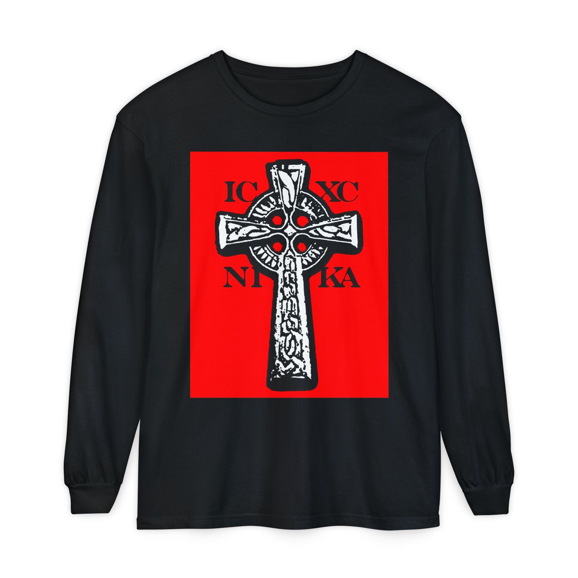 Black long-sleeve shirt featuring the ICXC NIKA Celtic Knotwork Cross in black and white on a bold red background—a traditional Orthodox Christian design celebrating Jesus Christ Conquers.