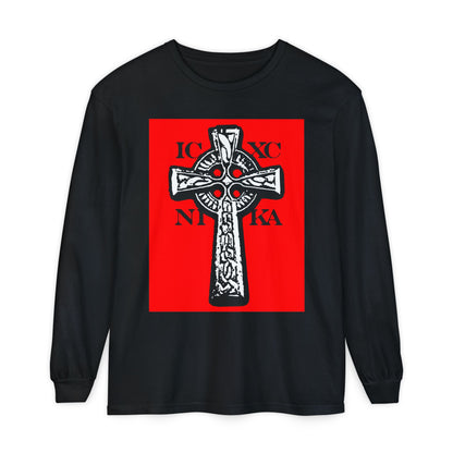 Black long-sleeve shirt featuring the ICXC NIKA Celtic Knotwork Cross in black and white on a bold red background—a traditional Orthodox Christian design celebrating Jesus Christ Conquers.