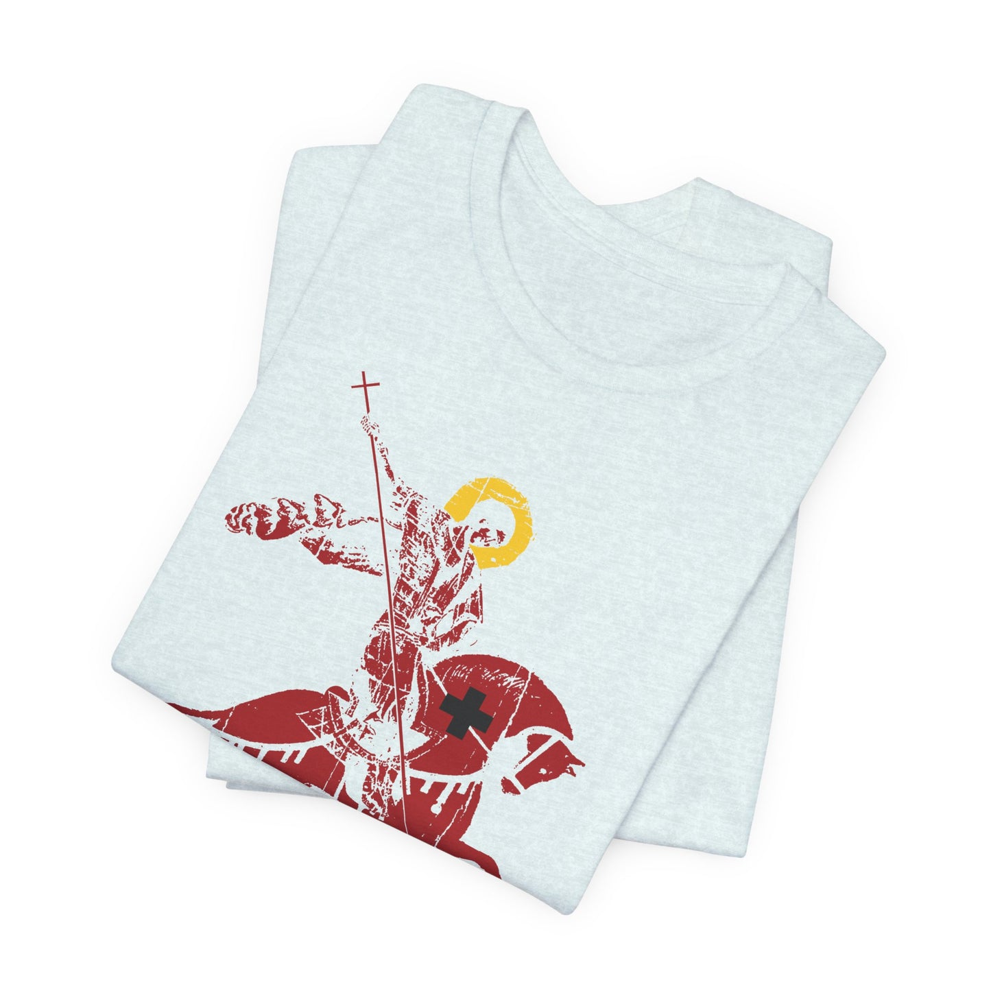 Two folded light gray “Those Who Mourn Over Their Sins” lightweight cotton unisex tees, featuring a red and yellow St George slaying the dragon iconographic print inspired by the teachings of St John Climacus.