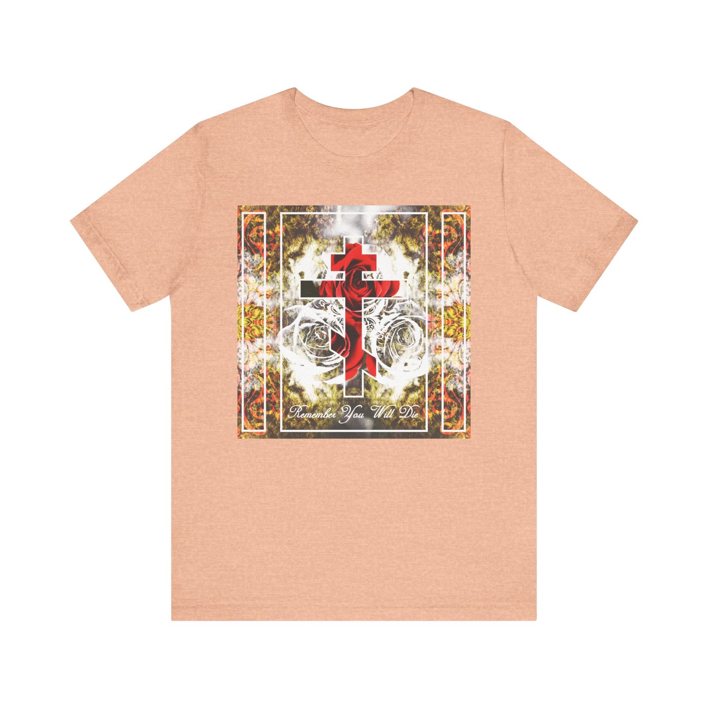 Heather peach unisex lightweight cotton tee featuring an elegant Orthodox cross with roses, floral texture, and the text "Remember You Will Die" in an elegant font. This Christian jersey t-shirt offers comfort and style for any occasion.