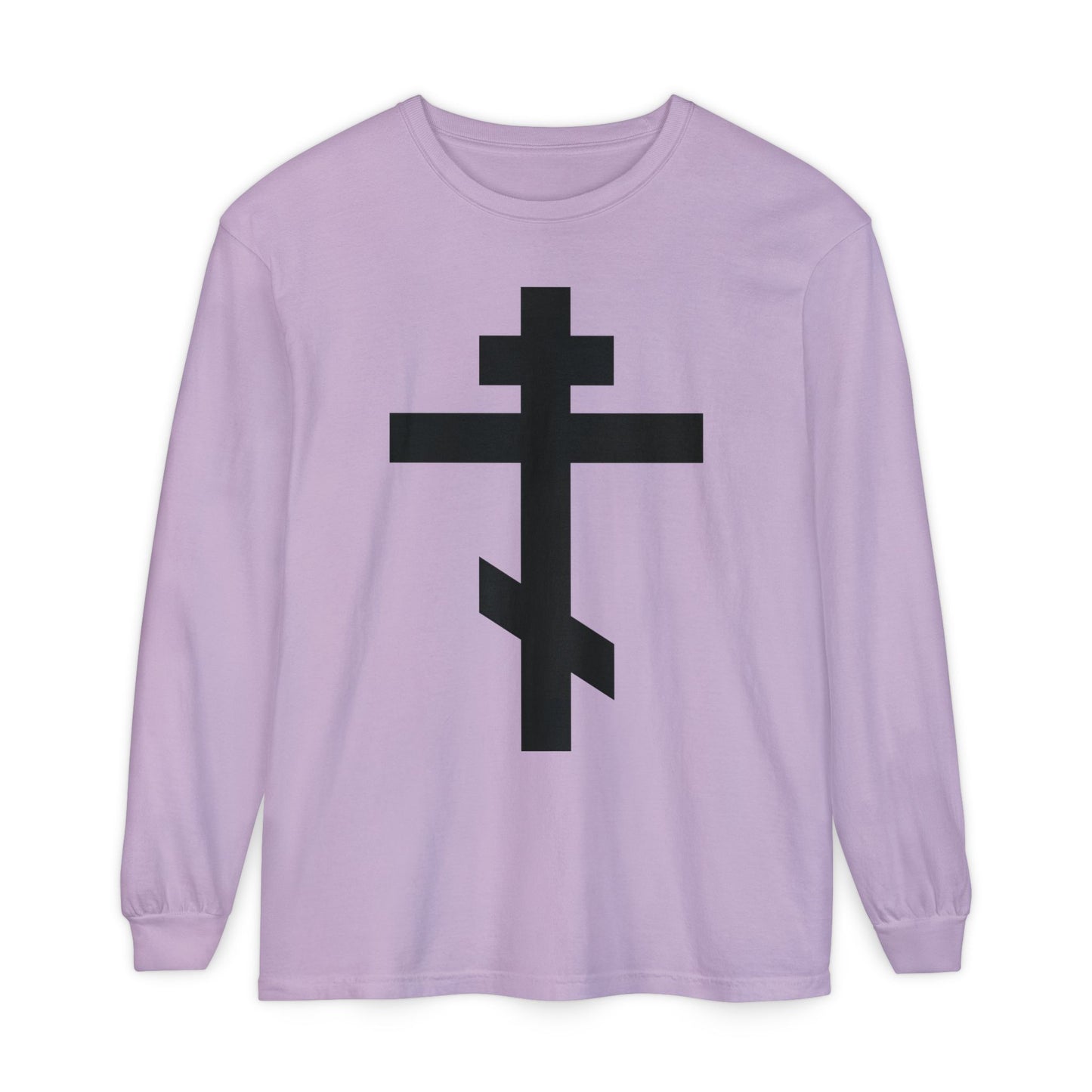 Orchid long-sleeve shirt featuring a large black Orthodox cross and the quote "May I never boast, except in the cross of our Lord Jesus Christ" (Gal 6:14). Inspired by St. John Chrysostom’s teachings.