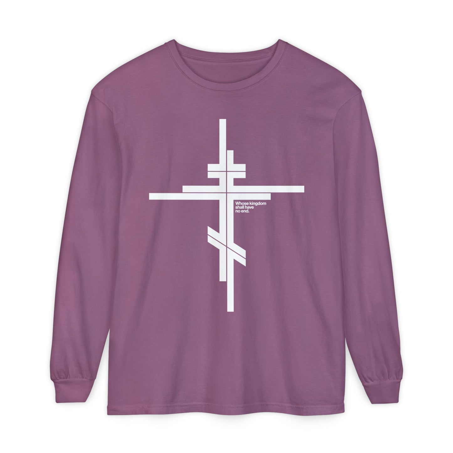 Whose Kingdom Shall Have No End | Luke 1:32-33 | Orthodox Cross | Modernist Minimalist Logo Style | Orthodox Long Sleeve Cotton Shirt