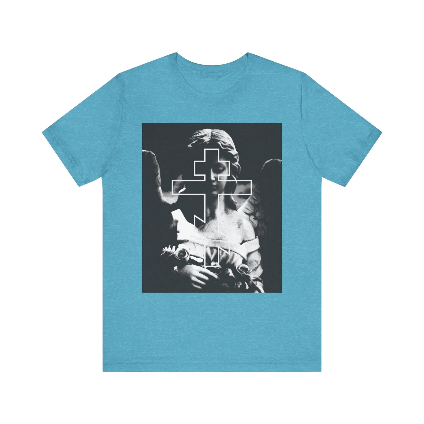 Heather Aqua tee featuring a black and white cemetery angel graphic topped with an Orthodox Cross and "Remember You Will Die" memento mori design, blending grayscale goth aesthetic with lightweight cotton comfort.
